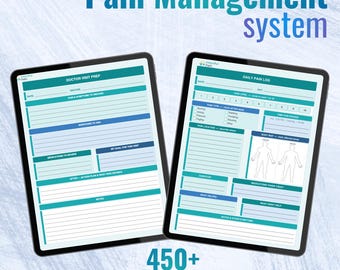 May include: Two digital tablets displaying a Pain Management system with 450+ pages. The left screen shows a Doctor Visit Prep form, while the right screen displays a Daily Pain Log with a body map, pain level scale, and symptom tracking sections.