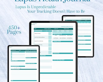 Könnte beinhalten: Ein Lupus-Gesundheitstagebuch mit 450+ Seiten, das türkisfarbene und weiße tägliche Tracking-Vorlagen auf drei digitalen Tablet-Bildschirmen zeigt. Der Text lautet Lupus Health Journal, Lupus Is Unpredictable Your Tracking Doesn't Have to Be, Intentful Path.