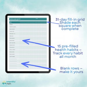 May include: A digital monthly habit tracker displayed on a tablet screen. The grid features 31 numbered columns for daily tracking, 15 pre-filled health-related habit rows, and several blank rows at the bottom for custom entries and personal notes.