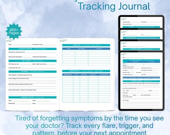 May include: A POTS & Dysautonomia Tracking Journal with 450+ pages, featuring an open layout with sections for diagnosis, daily targets, doctor lists, and medication logs, alongside a stack of four digital tablet screens displaying interior pages.