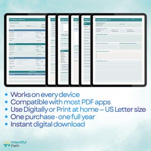 May include: A digital health planner set displayed on tablet screens, featuring templates for daily energy and fatigue logs, weekly reviews, and doctor appointment preparation. The text includes: Works on every device, Compatible with most PDF apps, Use Digitally or Print at home &ndash; US Letter size, One purchase &middot; one full year, Instant digital download, and Intentful Path.