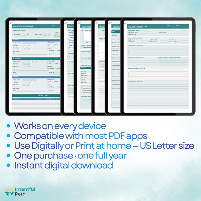 May include: A digital health planner set displayed on tablet screens, featuring templates for daily energy and fatigue logs, weekly reviews, and doctor appointment preparation. The text includes: Works on every device, Compatible with most PDF apps, Use Digitally or Print at home &ndash; US Letter size, One purchase &middot; one full year, Instant digital download, and Intentful Path.