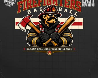 Diseño de béisbol para bomberos PNG SVG / Mascota de mono con pelota de plátano (descarga digital) / Descarga instantánea