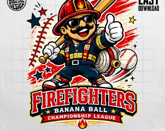 Diseño divertido de béisbol para bomberos PNG SVG Mascota de mono con pelota de plátano / Diseño de animales de fiesta (descarga digital)