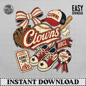 Può includere: Un design grafico digitale con elementi a tema baseball, tra cui un fiocco, un berretto con la scritta CLOWNS, un guantone, una palla, una mazza, un gagliardetto con BBCL, un biglietto CLOWNS CARNIVAL ADMIT ONE, scarpe da ginnastica e una coccarda.