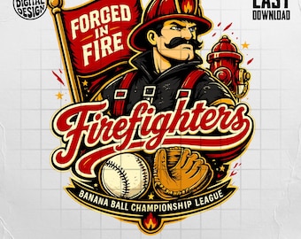 Diseño de béisbol para bomberos PNG SVG Mascota de mono con pelota de plátano / Diseño de animales de fiesta (descarga digital)