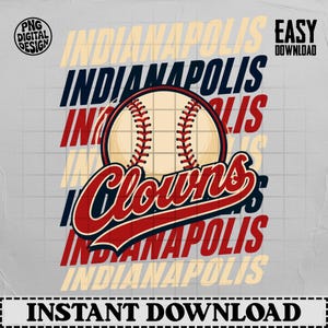 Op de afbeelding: Een digitaal grafisch ontwerp met een honkbal met rode stiksels, gecentreerd boven de tekst Indianapolis Clowns in een vet rood scriptlettertype. De achtergrond bestaat uit herhalende rijen van het woord Indianapolis in marineblauw en rood.