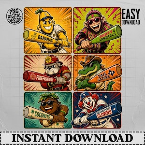 Può includere: Un foglio di design digitale con sei personaggi dei cartoni animati che impugnano mazze da baseball. I personaggi includono una banana, una scimmia, un bulldog pompiere, un alligatore, una noce di cocco e un clown. Le mazze riportano i testi: BANANAS, PARTY ANIMALS, FIREFIGHTERS, TAIL GATERS, COCONUTS e INDIANAPOLIS CLOWNS.