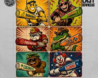 Mascota de béisbol vintage PNG, Bananas Payasos Animales de fiesta Tailgaters Bombero Camiseta gráfica deportiva estilo cómic, Regalo retro para fanáticos del estadio de béisbol