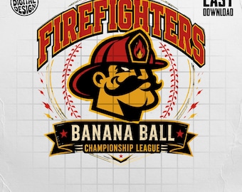 Diseño de béisbol para bomberos SVG PNG Mascota de mono con pelota de plátano / Diseño de animales de fiesta (descarga digital)