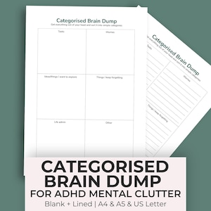 Könnte beinhalten: Weiße Papierbögen mit Rasterlayout für ein Brain Dump, beschriftet mit Kategorien wie Aufgaben, Sorgen und Ideen. Der Text "Categorised Brain Dump" steht oben, mit zusätzlichem Text für ADHS-Mental-Chaos. Enthält A4-, A5- und US-Letter-Größen.