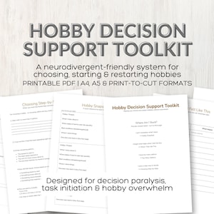 Puede incluir: La imagen muestra una colección de hojas de trabajo impresas en blanco tituladas "HOBBY DECISION SUPPORT TOOLKIT". El texto incluye "Un sistema neurodivergente para elegir, comenzar y reiniciar pasatiempos".