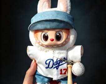 Conjunto de camiseta de béisbol y vaqueros para muñeca de 15-17 cm, compatible con peluches Labubu. Incluye gorro y zapatos. Muñeca no incluida.