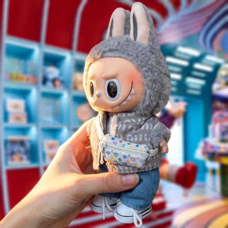Pu&ograve; includere: Bambola di peluche con cappuccio con orecchie da coniglio grigio, giacca grigia, jeans blu e scarpe da ginnastica bianche. La bambola ha una piccola borsa a tracolla con un motivo colorato. Il viso della bambola ha grandi occhi e un sorriso malizioso.