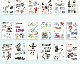18 Sheets Rock Party Favors, Glow in the Dark Y2K Punk Tattoos, Teen Goodie Bag Stuffers, Skull Guitar Fake Tattoo Bulk, Accessories