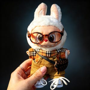 Puede incluir: Una mu&ntilde;eca caprichosa con un gorro de conejito, gafas y un mono de pana. La mu&ntilde;eca tiene una bufanda a cuadros y un bolso peque&ntilde;o. Los zapatos de la mu&ntilde;eca son blancos con cordones. La mu&ntilde;eca est&aacute; sujeta por una mano.