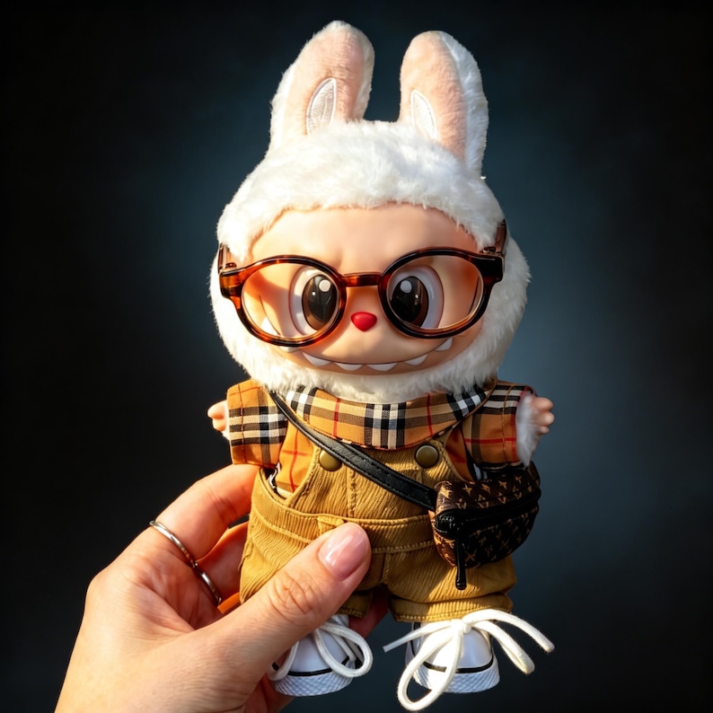 Puede incluir: Una mu&ntilde;eca caprichosa con un gorro de conejito, gafas y un mono de pana. La mu&ntilde;eca tiene una bufanda a cuadros y un bolso peque&ntilde;o. Los zapatos de la mu&ntilde;eca son blancos con cordones. La mu&ntilde;eca est&aacute; sujeta por una mano.