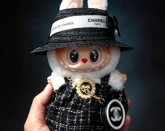 Elegant Black Tweed Dress Outfit for 15-17cm Doll, Compatible with Labubu Plush – Hat & Bag Accessories Included, Doll Not Included