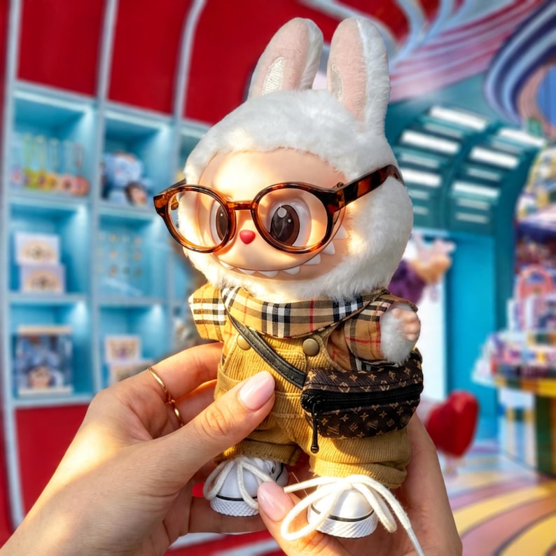 Puede incluir: Mu&ntilde;eca de peluche con forma de conejo que lleva gafas de carey, una bufanda a cuadros, un mono de pana y un peque&ntilde;o bolso estampado. La mu&ntilde;eca tiene pelo blanco y lleva zapatillas blancas. El fondo es un escaparate colorido.