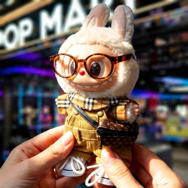 Puede incluir: Figura de conejo coleccionable con gafas, bufanda a cuadros, peto de pana y un peque&ntilde;o bolso. La figura tiene una cara sonriente y lleva zapatillas blancas. El fondo est&aacute; borroso, con las palabras "POP MART" visibles.