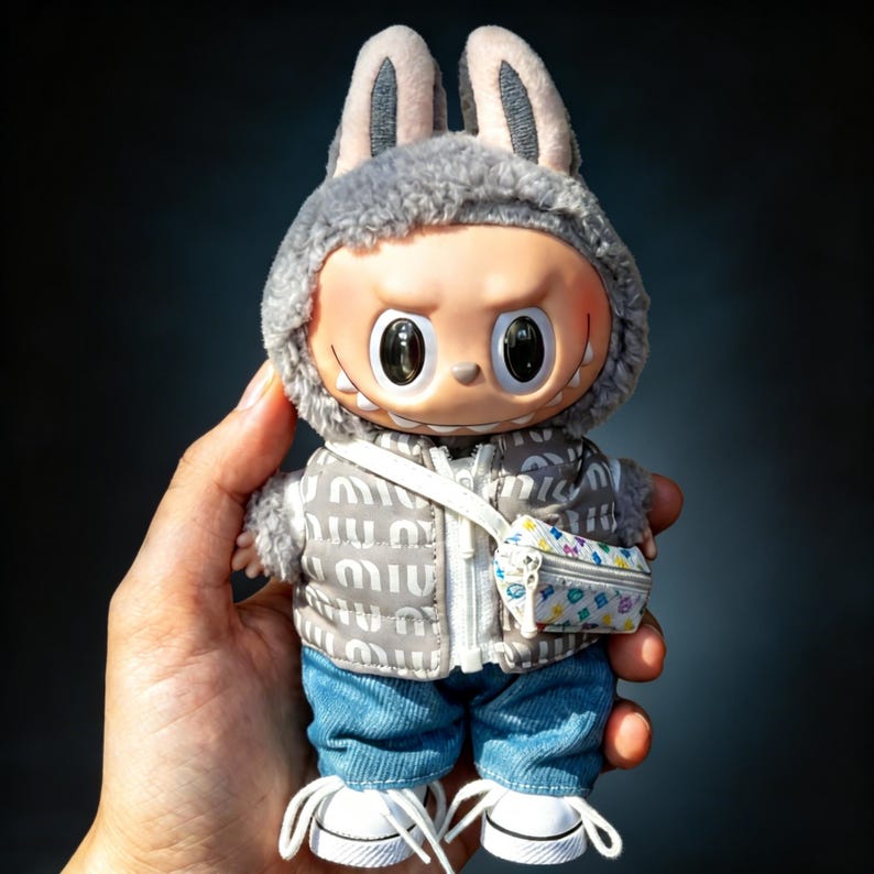 Pu&ograve; includere: Una statuetta in vinile da collezione di un personaggio con una felpa con cappuccio grigia con orecchie da coniglio, un gilet grigio con un motivo ripetuto, jeans blu e scarpe da ginnastica bianche. La statuetta ha una piccola borsa a fantasia e un'espressione severa.
