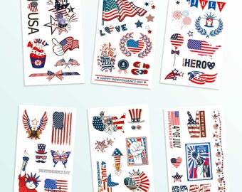 6 hojas de recuerdos patrióticos para fiestas, tatuajes de la bandera de EE. UU. que brillan en la oscuridad, pegatinas faciales del 4 de julio, bolsas de regalo para niños, tatuajes falsos al por mayor