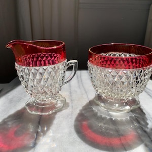 Vintage Indiana Glass Diamond Point Ruby Flash Cream & Sugar Set | Mid-Century Pressed Glass