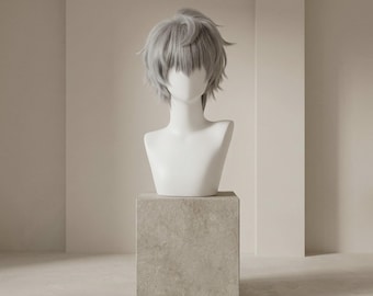 Peluca corta de cosplay de anime en gris plateado – Cabello sintético unisex resistente al calor