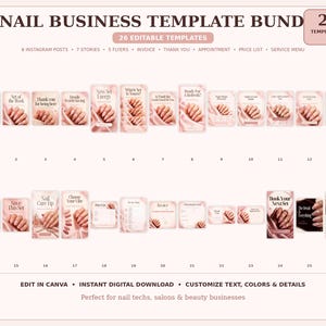 May include: A digital bundle of 26 editable nail business templates in a soft pink color palette. The collection includes Instagram posts, stories, flyers, an invoice, thank you card, appointment card, price list, and service menu for Canva.