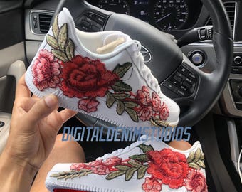 Custom Red Rose Red Bottoms Air Force 1, Red Rose Embroidery Patch