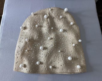 Pearls And Crystal Gems Cuffed Skull Knit Beanie Camel
