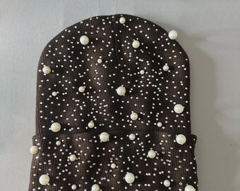 Pearls And Crystal Gems Cuffed Skull Knit Beanie Brown