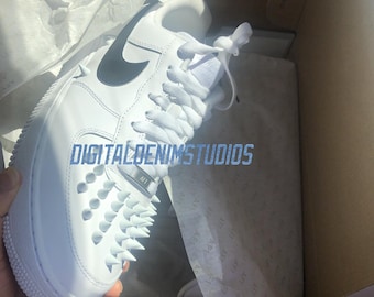 Custom White Spiked Air Force 1 Lows, Black Swoosh Black Sole