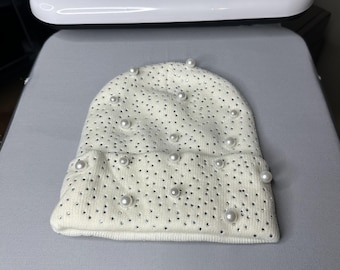 Pearls And Crystal Gems Cuffed Skull Knit Beanie White