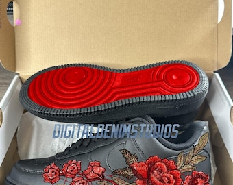 Custom Red Rose Red Bottoms Black Air Force 1, Red Rose Embroidery Patch