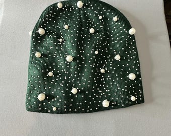 Pearls And Crystal Gems Cuffed Skull Knit Beanie Forest Green