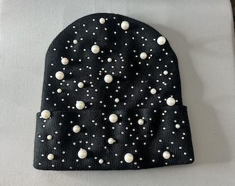 Pearls And Crystal Gems Cuffed Skull Knit Beanie Black