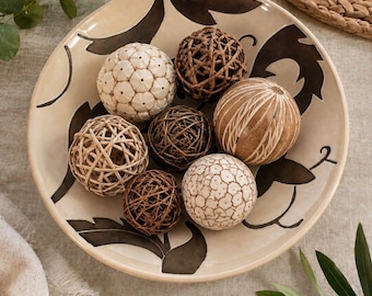 Round Ceramic Decorative Serving Bowl Beige Brown Floral Scroll Pattern...