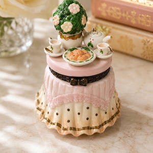 Vintage Miniature Porcelain Tea Table Hinged Trinket Box Dollhouse