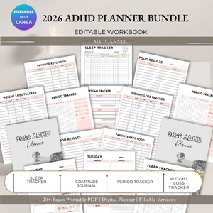 May include: A bundle of printable 2026 ADHD planners and workbooks. The pages include sleep trackers, food results, weight loss trackers, and period trackers. The cover of the planner has the text "2026 ADHD Planner" and a globe graphic. The planner is editable with Canva.