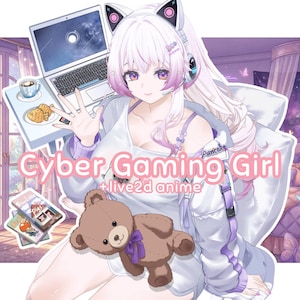 以下が含まれることがあります： 白と紫の髪の毛でヘッドセットと白のトップス、水色のジャケットを着た女の子のアニメスタイルのイラストです。「Cyber Gaming Girl +live2d anime」というテキストが表示されています。テディベアとラップトップも表示されています。