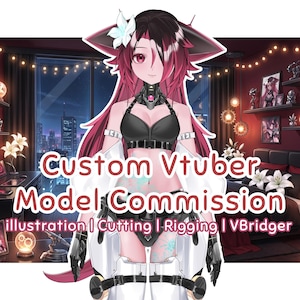 Puede incluir: Ilustración de un personaje femenino de estilo anime con cabello rosado y vestimenta negra. La imagen incluye el texto "Custom Vtuber Model Commission" y enumera servicios como ilustración, corte, rigging y VBridger.