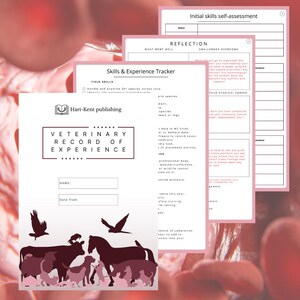 Op de afbeelding: Een stapel veterinaire recordformulieren en zelfbeoordelingsbladen. De formulieren bevatten secties voor vaardigheden, ervaring en reflectie. Het veterinaire record bevat een silhouet van verschillende dieren.