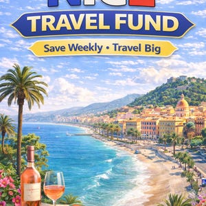 May include: A scenic image promoting a travel fund. The text "NICE TRAVEL FUND" is displayed above a coastal landscape with a beach, buildings, and palm trees. A bottle of rosé wine, a glass, and a plate of food are on a stone table.