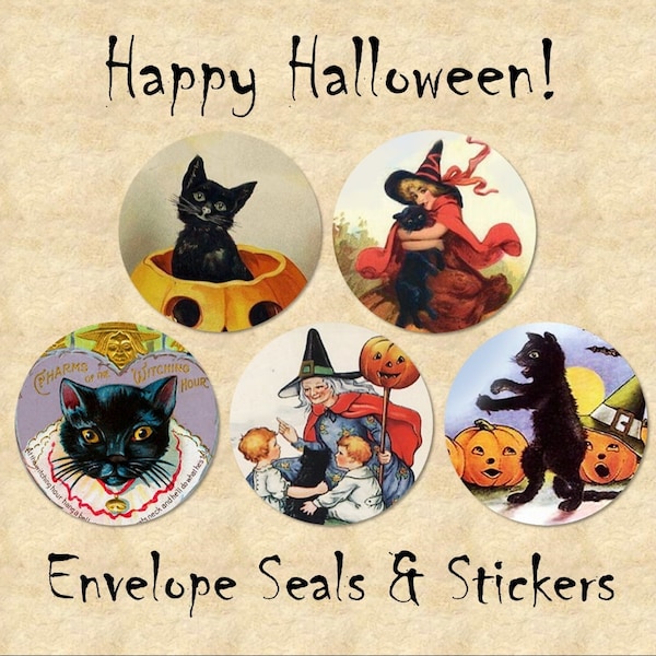 Vintage Style Halloween Stickers with Black Cats, Witches and Pumpkins, Envelope Seals