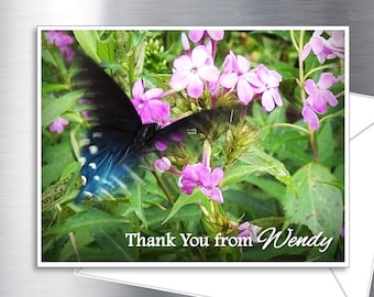 Personalized Butterfly Note Cards, Butterfly in Motion in Wildflowers, with Envelopes