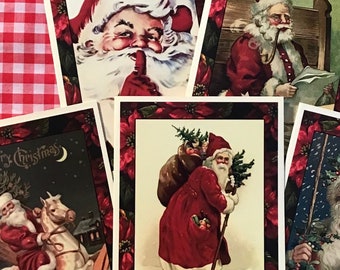 Christmas Cards, Vintage Designs: Lovable Santas, Set of 5 with Kraft Brown Envelopes