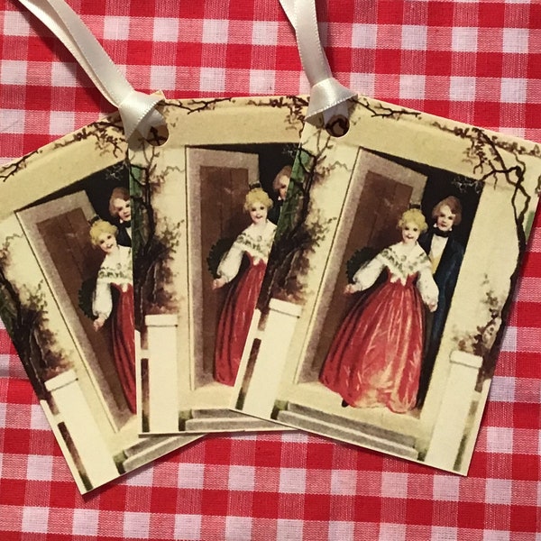 Ivory Vintage Style Lady in Red Christmas Tags with Ivory Satin Ribbon, Printed on Ivory Cardstock