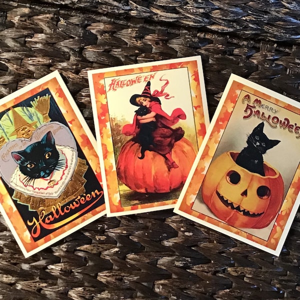 Cartes d’Halloween, designs vintage: chats noirs, sorcières et citrouilles, ensemble de 5 avec enveloppes brunes kraft