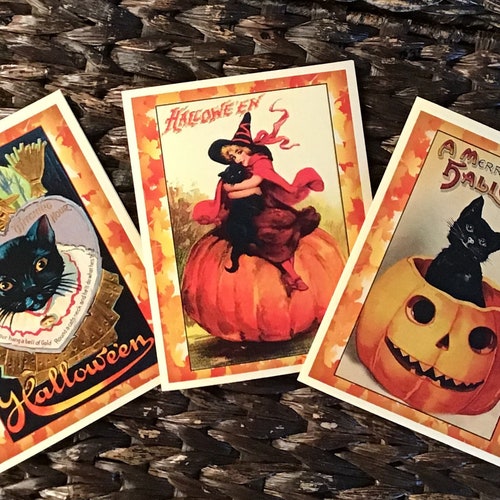 Vintage Style Set of 5 Halloween Cards with Black Cats, Witches and Pumpkins